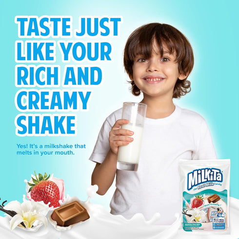 Milkita Creamy Shake Candy Bag, Gluten Free Chewy Candies with Calcium & Real Milk, Zero Trans Fat, Low-Sugar, Neapolitan Flavors (Vanilla, Strawb...