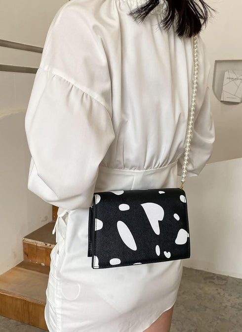Cow Print Clutches Pearl Strap Evening Purse Mini Handbag Crossbody Bag...