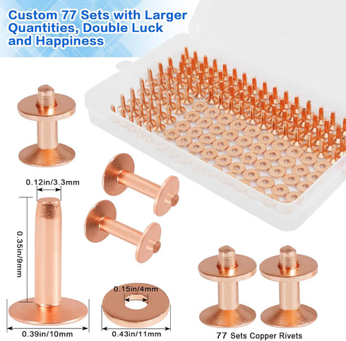 JUNESunShine 154Pcs Copper Rivets for Leather, 12 Smooth Leather Rivets without Pattern, Pure Copper Rivets and Burrs for Leather Work Jeans Jacke...