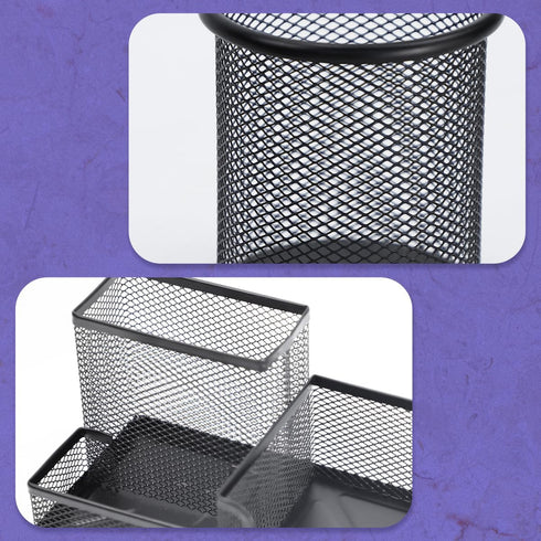 Desk Organizer Caddy, 3 Compartments Pen Holder, Metal Office Supplies Organizer for Office Home School (Black)...