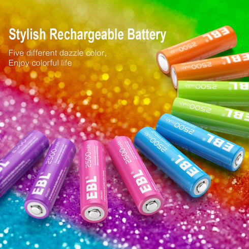 EBL AA Rechargeable Batteries 2500mAh (10 Pack - 5 Colors in One Box) Pre-Charged 1.2V NiMH Double A Battery...