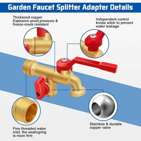 Boltigen Brass Outdoor Double Taps Water Faucet, 3/4 GHT Wall Mounted Garden Water Ball Valve Splitter, Frost-Proof Outside Spigot Faucet for Outd...