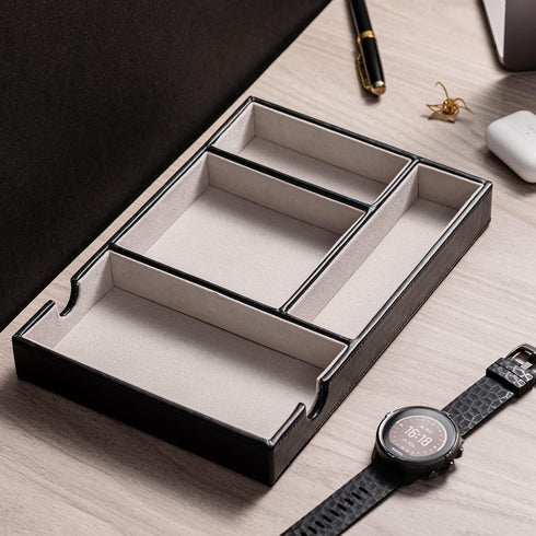 Mens Valet Tray for Nightstand Bedside and Entry Table Faux Leather Catchall Tray for Phone,Watch,Glasses,Wallet,Jewelry and Keys Dresser Organize...