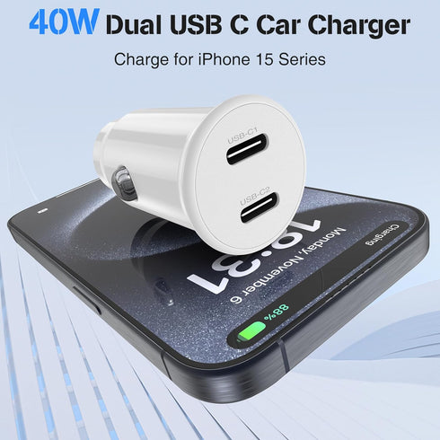 Car Charger for iPhone 15, 40W Dual USB C Car Charger Cigarette Lighter with 2 Pack 6FT USB C to USB C Cable Fast Charging Compatible for iPhone 1...