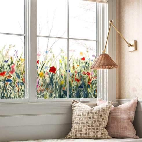 Autumn Floral Window Decals, Transparent Stained Window Sticker, Non Adhesive Double-Sided Glass Door Covering Film for Home Decorative, Thistle...