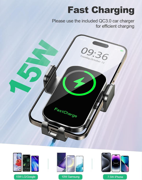 Wireless Car Charger, Auto Clamping Car Phone Holder Charger, 15W Fast Charging Phone Mount for Dash Windshield Vent for iPhone 15 14 13 12 11 Pro...