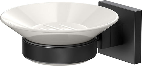 Gatco 1942MX Elevate Soap Dish Holder Matte Black | Wall Mounted 4.31" W X 2.10" H X 5.25" D Porcelain Round White Soap Dish with Matte Black Base...