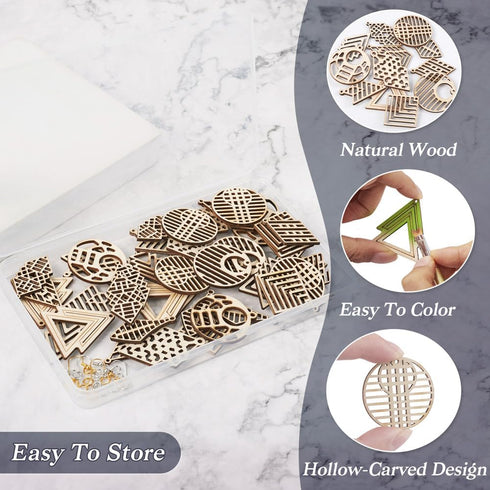 Boho Wooden Earring Making Kit 48pcs Unfinished Natural Wood Filigree Pendants in Round & Rhombus & Tree & Arrow & Kite Shape with Earring Hooks &...