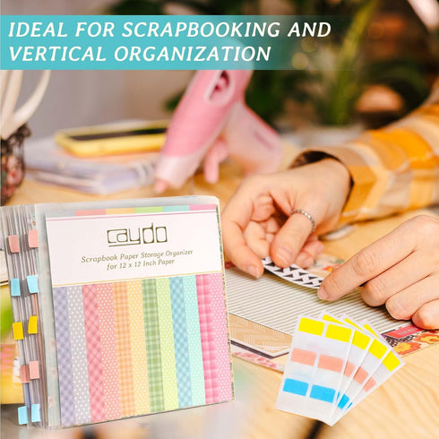 Caydo Scrapbook Paper Storage Organizer with 60 Sticky Index Tabs, 10 Pack Plastic Paper Storage Bag for Holding 12 x 12 Inch Scrapbook Paper Card...