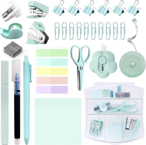 Mini Office Supply Kit, Teal Mini Stapler with Staples and Tape Dispenser Set, Mini Stationary Kit Includes Sticky Notes Index Tabs Highlighters G...