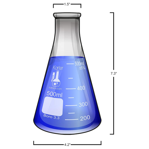 500ml Narrow Mouth Erlenmeyer Flask with Rubber Stopper, 3.3 Borosilicate Glass, Karter Scientific (Single)...