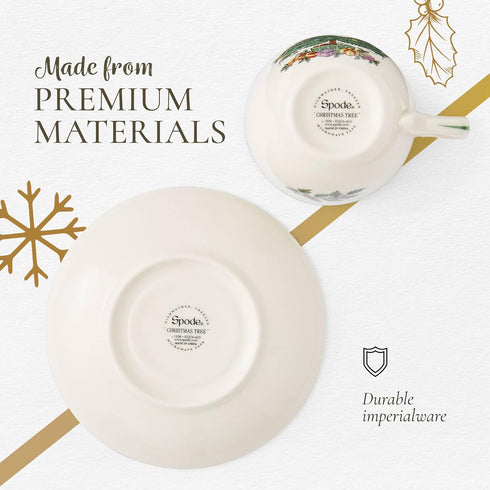 Spode Christmas Tree Teacup & Saucer Set - 7 Oz Earthenware Cup for Tea, Coffee, Cappuccino, Espresso - Holly & Mistletoe Holiday Accents - Holida...