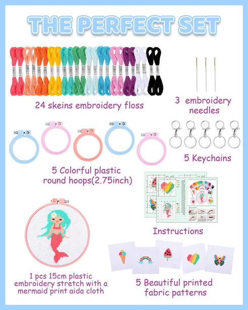 Pllieay 6 Pcs Cross Stitch Kits for Beginners for Kids 7-13, Kids Embroidery Kit Needlepoint Kit Arts and Crafts Kit with Instructions for Backpac...