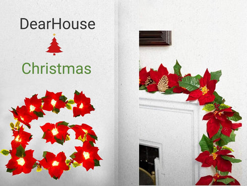 DearHouse 6.5Ft Lighted Poinsettia Christmas Garland with Red Berries and Holly Leaves, Pre-Lit Velvet Artificial Poinsettia Garland for Christmas...