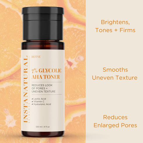 InstaNatural 7% Glycolic AHA Face Toner, Brightens, Reduces The Look of Pores and Uneven Texture, Gently Exfoliates, with Lactic Acid, Witch Hazel...