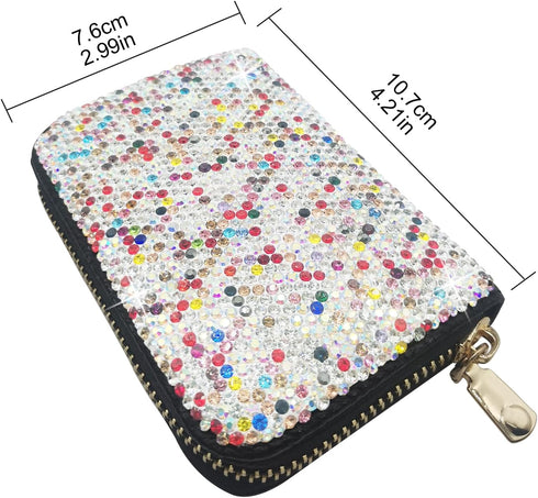 Bling Credit Card Case RFID Leather Wallet Multilayer Zipper Case Rhinestone Credit Card Holder Women's Small Credit Card Wallet (Rainbow)...