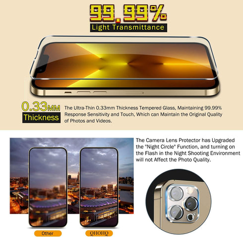 QHOHQ 3 Pack Screen Protector for iPhone 13 Pro 6.1 Inch with 3 Pack Tempered Glass Camera Lens Protector, Ultra HD, 9H Hardness, Scratch Resistan...