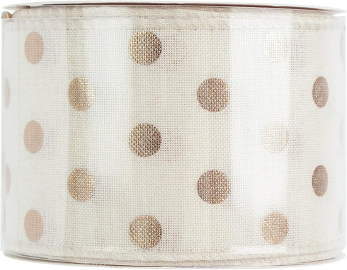 HUIHUANG Gold Polka Dot Wired Ribbon White and Gold Dot Ribbon Wired Edge Burlap Ribbon, 2.5 inch X 10 Yards Wreath Ribbon with Wire for Crafts X-...