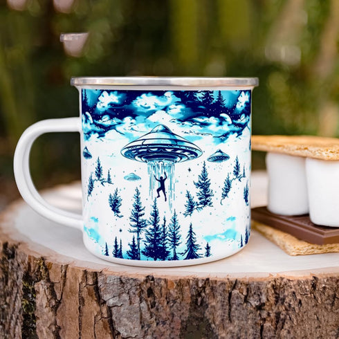 UFO Alien Abduction Extraterrestrial Paranormal Enamel Camp Mug, Outdoor Camping Campfire Coffee Cup (12oz)...