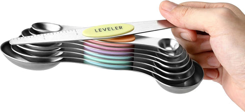 Spring Chef Stainless Steel Magnetic Measuring Spoons Set of 8 with Leveler, Metal Teaspoon & Tablespoon Measuring Spoons for Dry and Liquid Ingre...