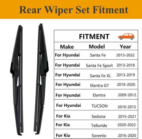 2 Pack Rear Wiper Blades for Hyundai Santa Fe 2013-2022 / Kia Sedona 2015-2021 / Kia Telluride 2020-2022 / Kia Sorento 2016-2020 / Hyundai Elantra...