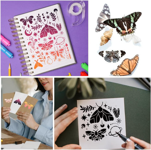 BENECREAT Magical Moths Stencil, Butterfly Mushroom Leaf Templates Stencil for Engraving Wood and Patterns, Lettering, Stainless Steel Journal Ste...