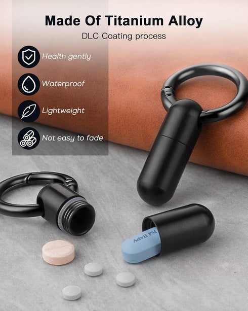 Tiny Keychain Pill Holder.TISUR Titanium Pill Case Waterproof Pill Fob for Travel Purse Pocket,Mini Pill Organizer Black...