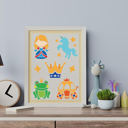 10pcs Princess Fairy Stencil Crown Castle Crystal Shoes Frog Prince Carousel Painting Template 6×6inch with Paint Brush Fantasy Fairy Tale Stencil...
