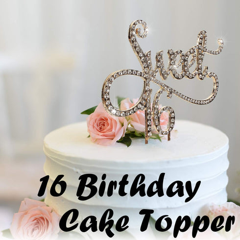 Sweet 16 Cake Topper for 16 Years Birthday Or 16th Wedding Anniversary Crystal Rhinestone Party Decoration Silver (Gold)...