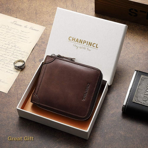 Mens Genuine Leather Zipper Wallet RFID Secure Large Capacity Double Fold Multi-card Leather Wallets for Men and coin purse...