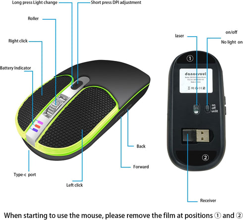 Leather Button Wireless Mouse,Laptop Mouse,LED Mouse with RGB Colorful Light,Slim Silent Mouse Rechargeable,USB C Mouse,Computer Mouse for Noteboo...