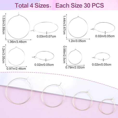 OIIKI 120PCS Earring Beading Hoops for Jewelry Making, 4 Sizes Silver Plated Hoop Earring Findings, Open Hoops, Metal Earring Rings, Round Earring...