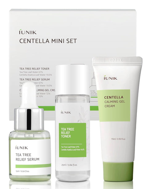 iUNIK Centella Mini Set Travel-Friendly Skincare Set Ultra calming and hydrating for sensitive skin - Tea Tree Relief Toner,Serum, Centella Calmin...
