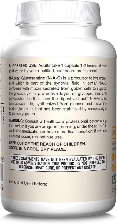 Jarrow Formulas N-A-G 700 mg, N-Acetyl Glucosamine, Acetylated Form of Glucosamine for Bone and Joint Support, 120 Veggie Capsules, Up to 120 Serv...