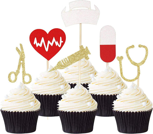 24pcs Nursing Cupcake Toppers, Glitter Medical Rn Themed Cake Picks, Nurse Graduation Party Decorations Supplies...