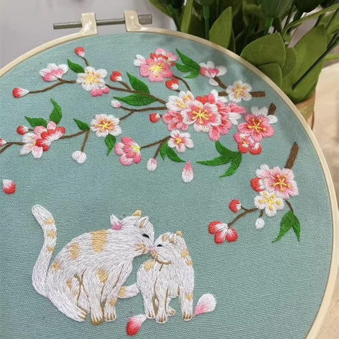 Esffaci Embroidery Starter Kit for Adult Beginner with Cats Flower Pattern Hand Embroidery Set with Embroidery Cloth Hoop Needles Colorful Floss a...