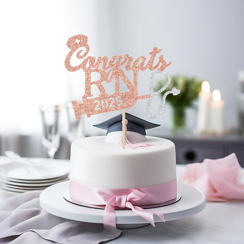 Rose Gold Glitter Congrats RN 2025 Cake Topper - 2025 Graduation Party Decoration, 2025 Nurse Congrats Grad Photo Prop...