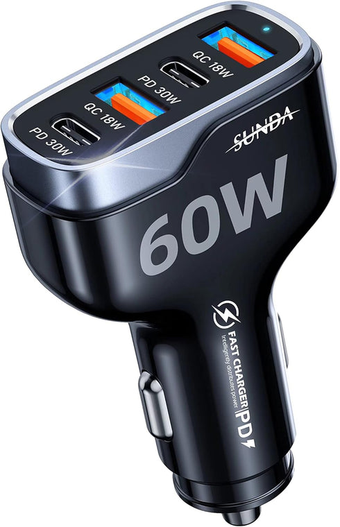 SUNDA 60W USB C Fast Car Charger | 4-Ports Car Charger Adapter | Dual Type C PD30W/PPS30W Compatible with iPhone15/14 Pro/Max/iPhone13/Galaxy/Sams...