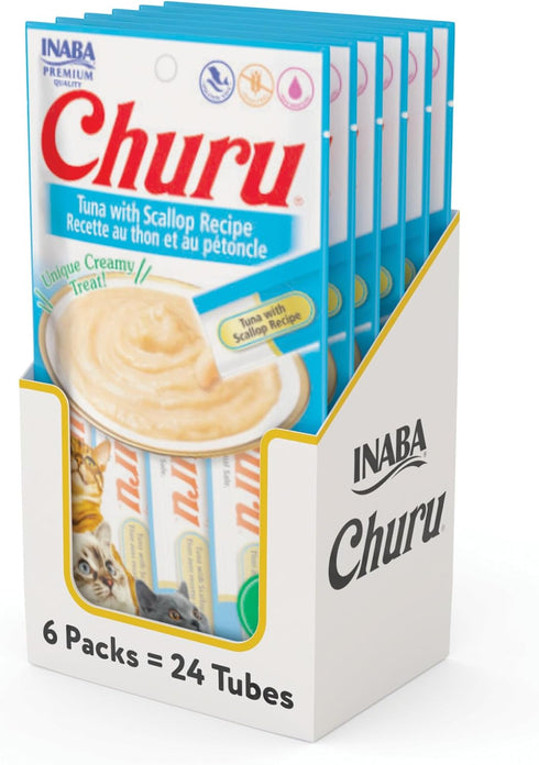 INABA Churu Cat Treats, Grain-Free, Lickable, Squeezable Creamy Purée Cat Treat/Topper with Vitamin E & Taurine, 0.5 Ounces Each Tube, 24 Tubes (4...
