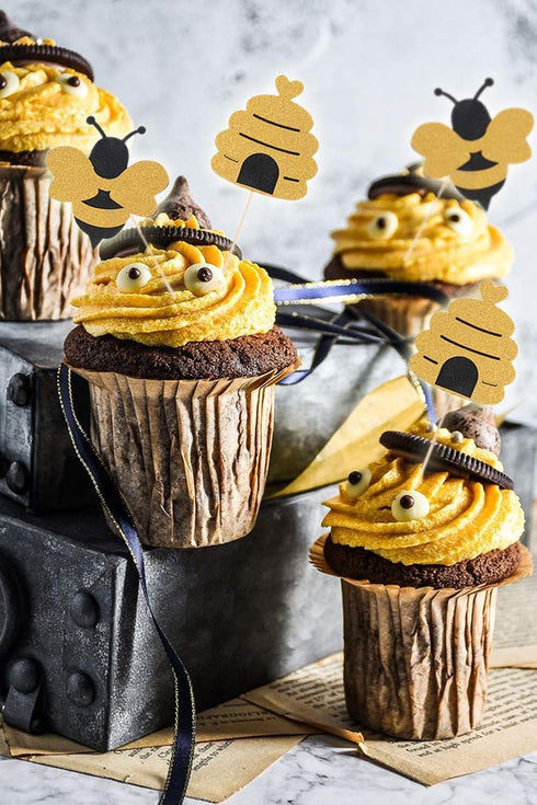 50 Pack Bee Cupcake Toppers Glitter Bumble Bee Cupcake Toppers for Bumble Bee Birthday Party Decor...