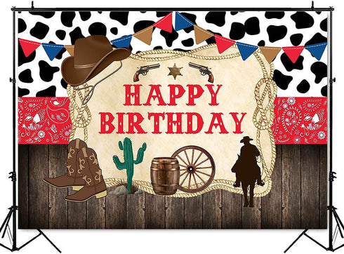 Mocsicka Western Cowboy Happy Birthday Backdrop Rustic Old West Rodeo Cowboy Background Red Bandana and Rustic Wood Kids Birthday Party Decoration...