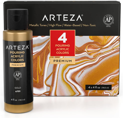 ARTEZA Acrylic Pouring Paint Set, 4 Metallic Colors, 4 oz Bottles, High-Flow Paint, No Mixing Needed, Art Supplies for Canvas, Glass, Paper, Wood,...