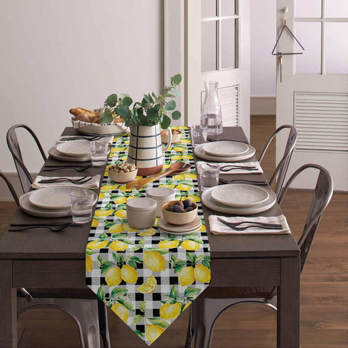 Linen Burlap Table Runner Spring Farmhouse Dresser Scarves, Yellow Lemon on Buffalo Plaid Table Runners for Family Dinner/Holiday Party/Events/Kit...
