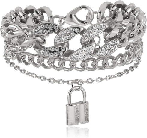 N/Q Layered Hip Hop Chunky Cuban Link Chain Rhinestone Beads Lock Pendant Necklace Bracelet for Women Girl Men Boy Shiny Crystal Bling Punk Cool U...