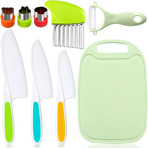 9 Pcs Kids Kitchen Knife Set, Kids Knives For Real Cooking With Cutting Board, Y Peeler, Crinkle Cutter, Sandwich Cutter, Serrated Edges Plastic T...