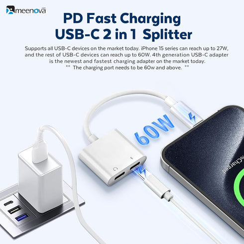 USB C Splitter 1 in 2 Out, Dual USB C Headphone and 60W Charger Adapter, Type C Audio Adapter with Fast Charging Dongle Compatible with iPhone 15,...