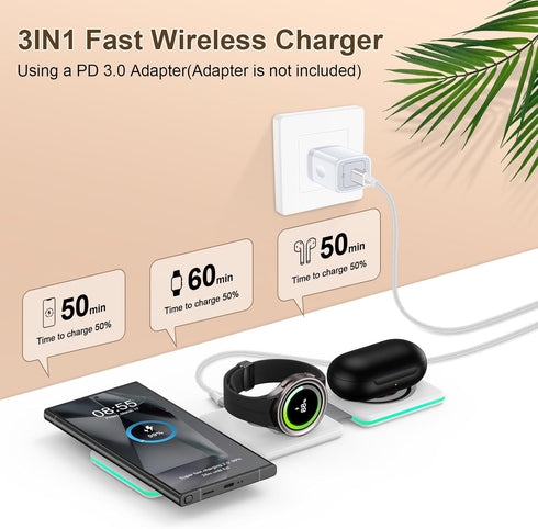 15W Fast Wireless Charger Pad Foldable 3 in 1 Travel Wireless Charging Station Kick for Samsung Galaxy S24 S23 FE S22 S21 S20/Note20/Z Flip Fold 6...