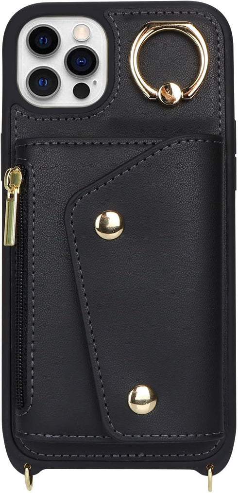 for iPhone 12/12 Pro Case with Card Holder and Strap - Zipper Pocket,Crossbody Lanyard Strap,Credit Card Holder,Stand Ring,Cute Phone Wallet Case ...