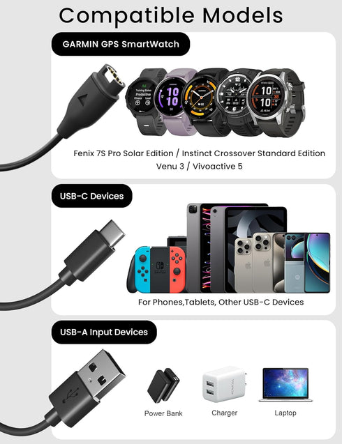 Bicmice Multi Charger Cable Fit for Garmin Instinct Vivoactive Forerunner Venu Vivosmart Fenix GPS Smartwatch 2 in 1 USB Charging Cable with USB-C...