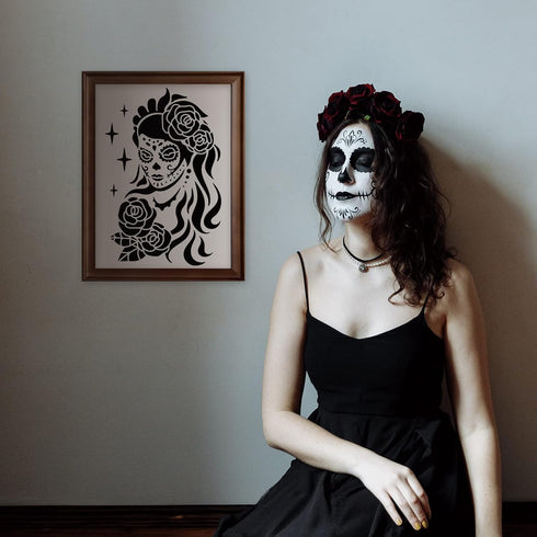 FINGERINSPIRE Women Sugar Skull Day of The Dead Stencil 11.7x8.3 inch A4 Large Size Lady with Flowers Laser Cut Reusable Airbrush Mylar Painting C...